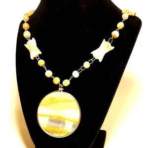 Carved Mexican Onyx Medallion Necklace Gold Yellow Cream Beads Exotic